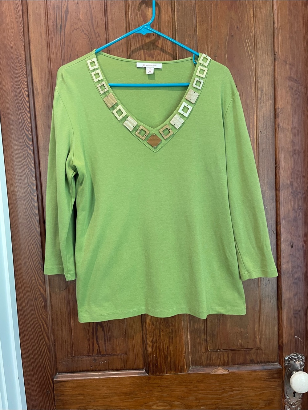 JM Collection Lime Green V-Neck Long Sleeve Top with Square Neck Accents